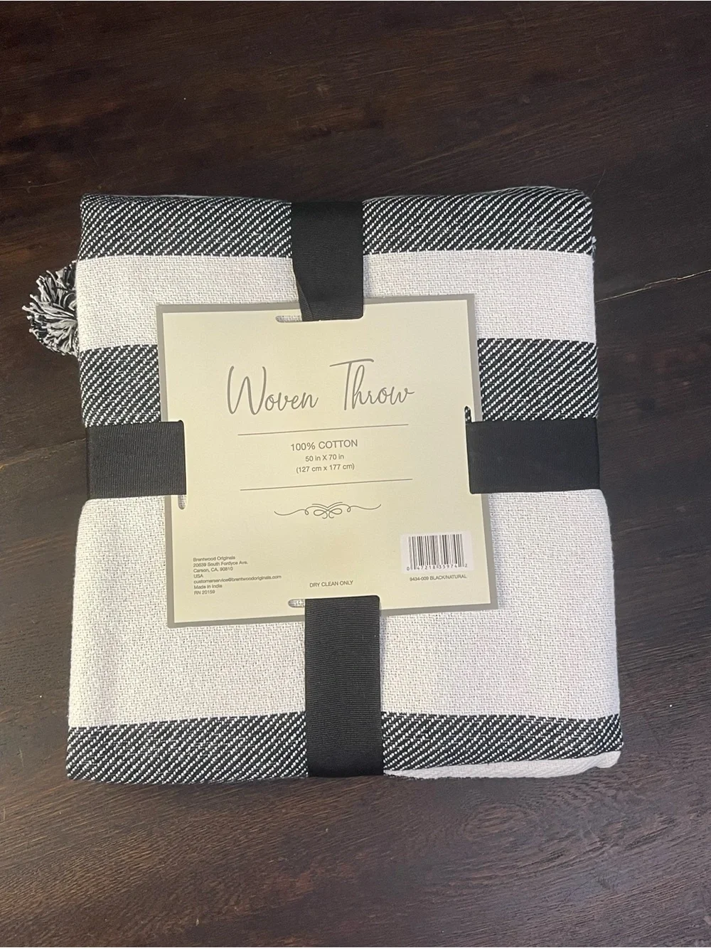 Woven Throw Blanket Black Off White 100% Cotton 50”x70” Striped Pompoms Gift